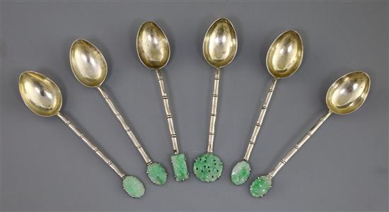 Six Chinese export silver and jadeite mounted teaspoons, early 20th century, 10.5 - 10.7cm long